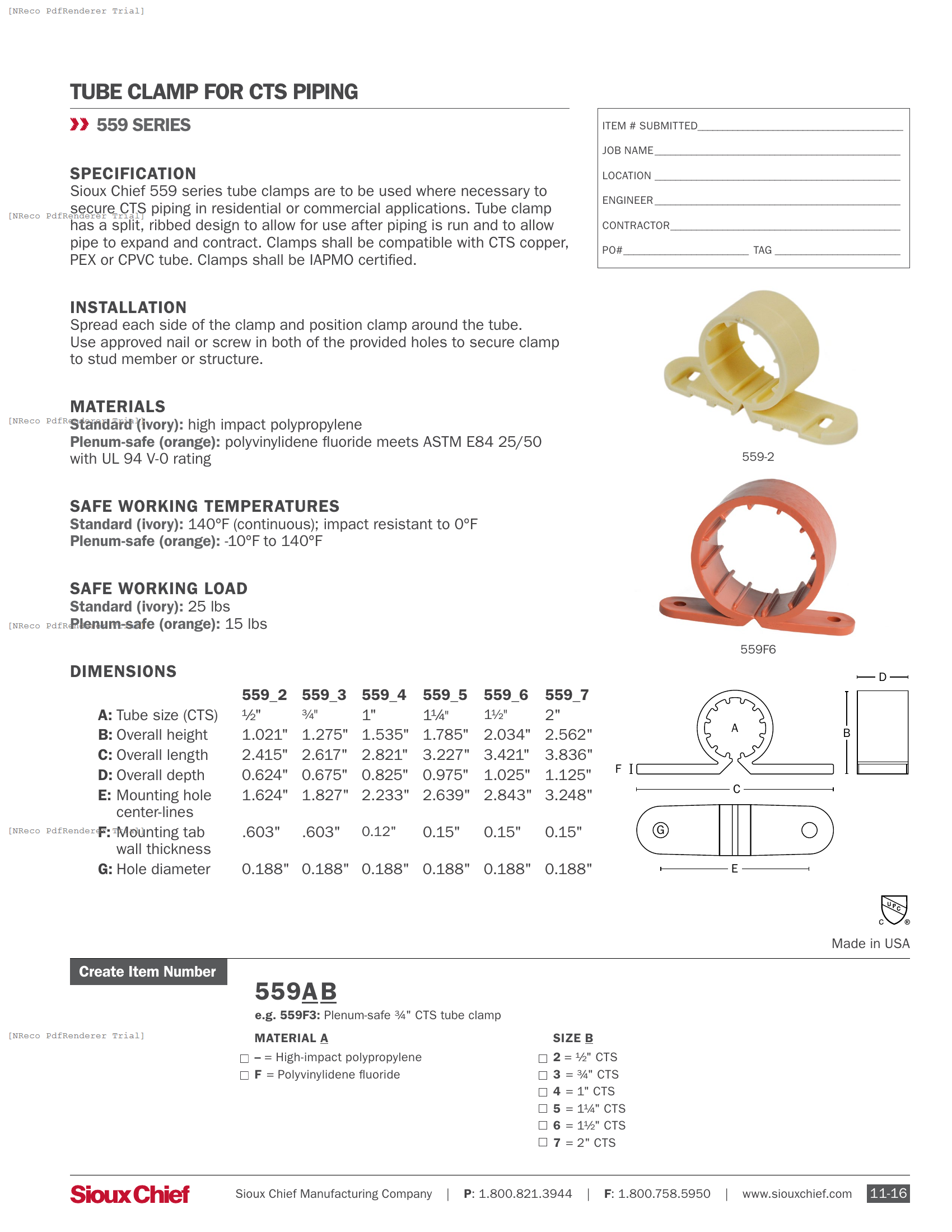 559 SERIES - TUBE CLAMP - SPEC SHEET.PDF Specification Document